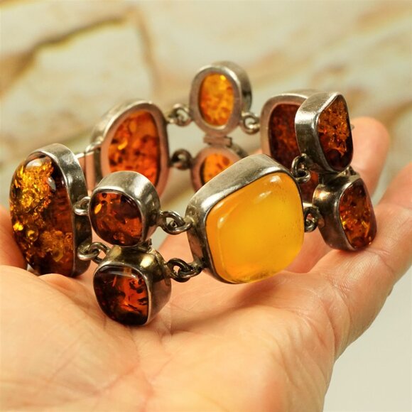 82g Rare Multi Amber and 925 Silver Heavy Link BRACELET - OOAK Gift For Her - Picture 4 of 16